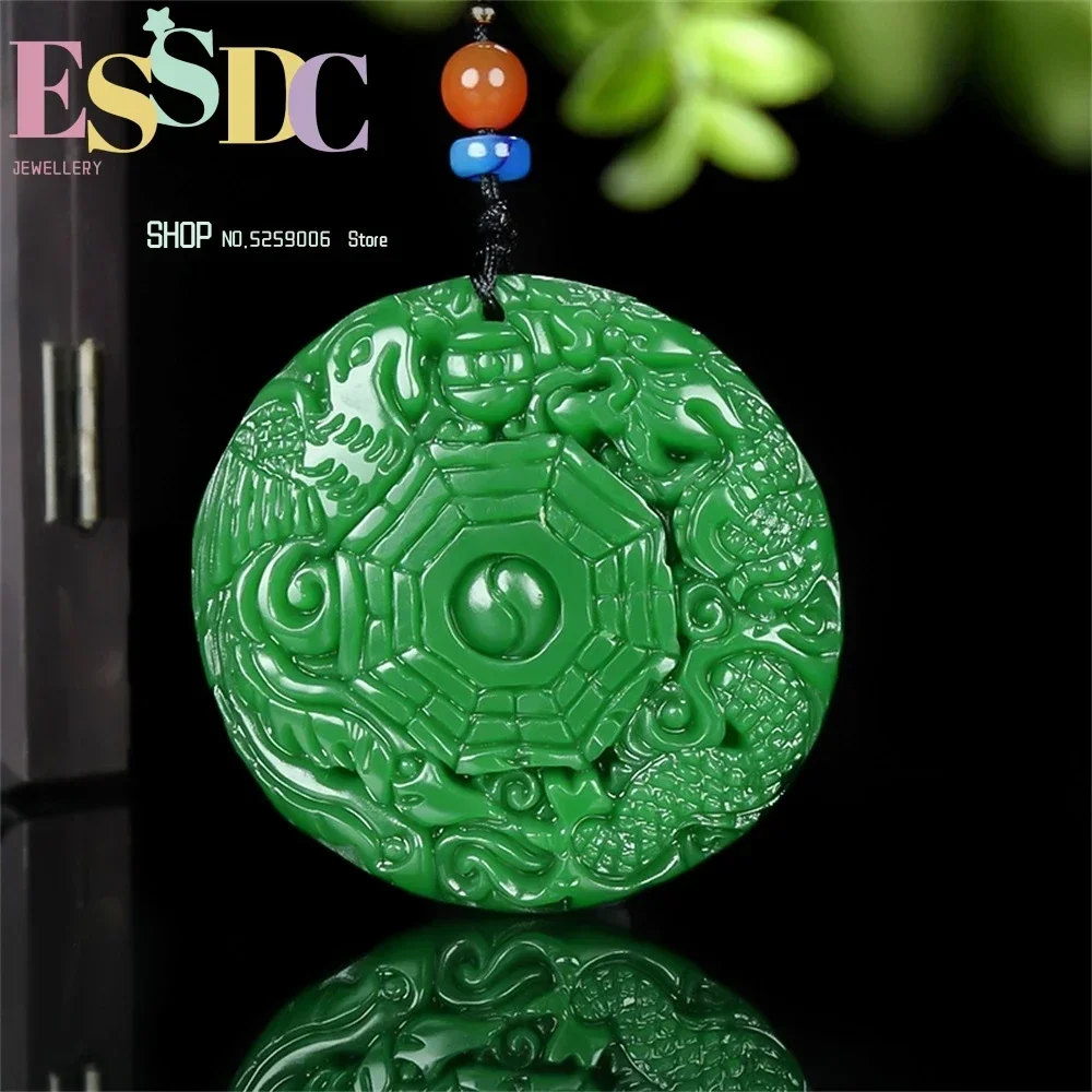Natural Hetian Yugan Green Dragon Phoenix Auspicious Tai Chi Eight Trigrams Mirror Pendant Retro National Style Necklace