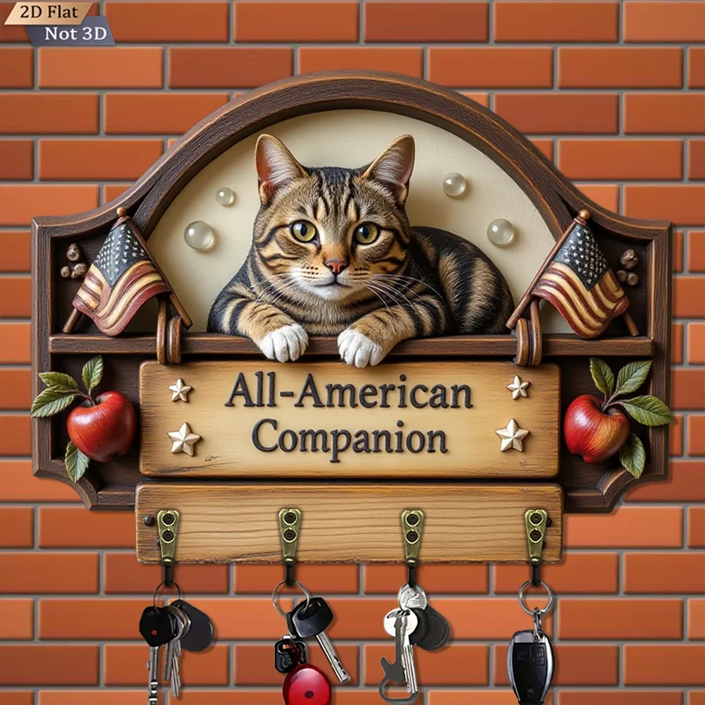 2D Flat, 1pc, American Style Cat-Shaped Key Hook Wooden Multifunctional Home Key Hook, Comes with Four Metal Hooks, Wall