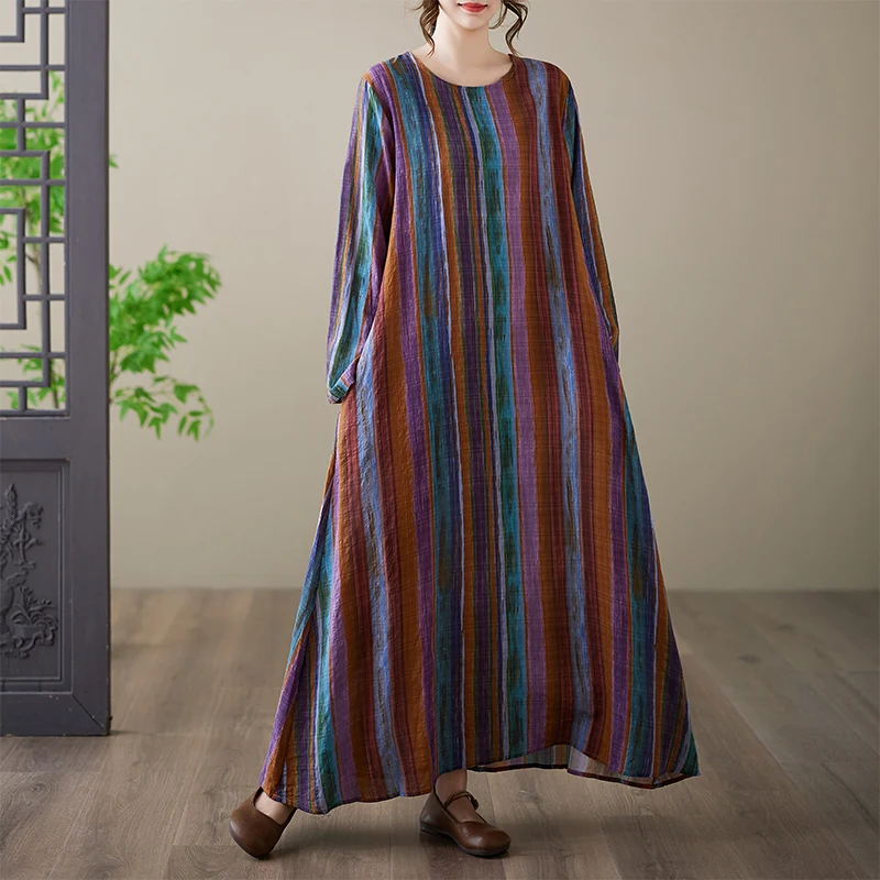 

Свободное платье с длинным рукавом и круглым вырезом из хлопка и льна с принтом, больших размеров, повседневное, комфортное, осеннее платье для женщин больших размеров