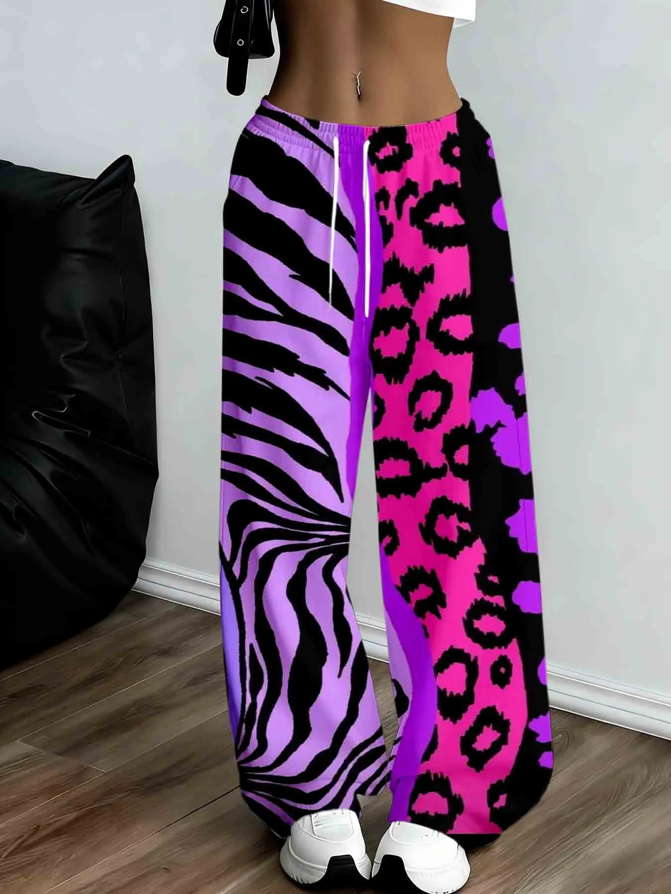 Retro Color Block Straight Leg Pants Unisex Lightweight Printed Trousers Leopard Zebra Pattern For Daily Street And Club Wear