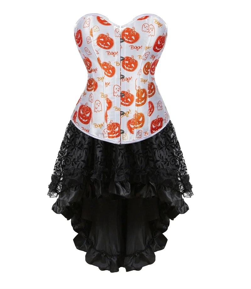 Corset Dress Tutu Skrits Set Pumpkin Print With Lace Costume Party Sexy Burlesque Ladies Basques Outfit Plus Size Black Red