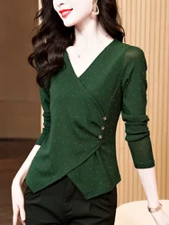 Green Mesh T Shirt Women V-neck Vintage Wrap T-shirt Female Long Sleeve Irregular Short Womens Tshirt