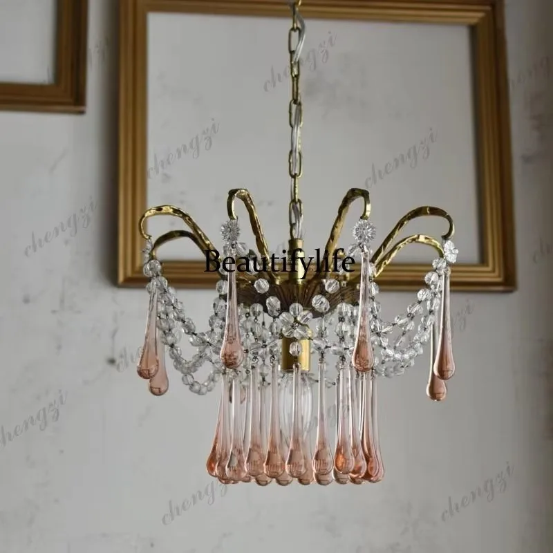 E182 French retro, pink water drop glass lamp, all copper restaurant study tea room cloakroom crystal chandelier