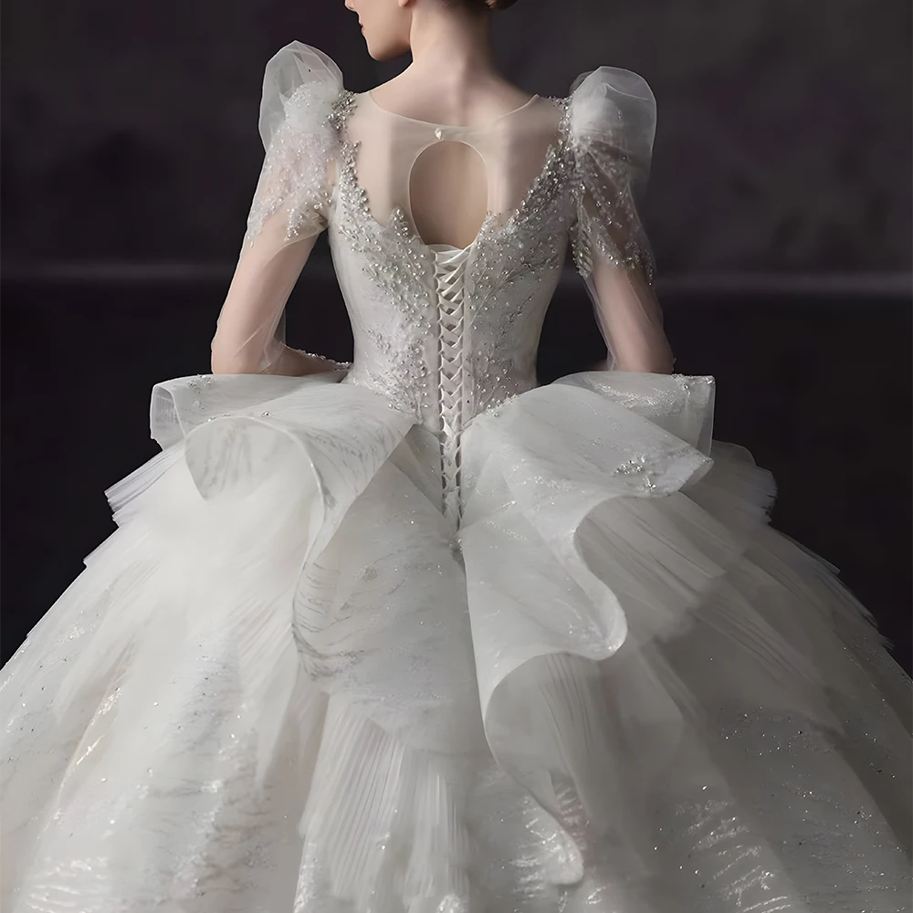 Jancember Superfine Popular Design Wedding Gown For Bride 2023 O-Neck Full Sleeves Puff Sleeves Beading Ruffles LSHT020