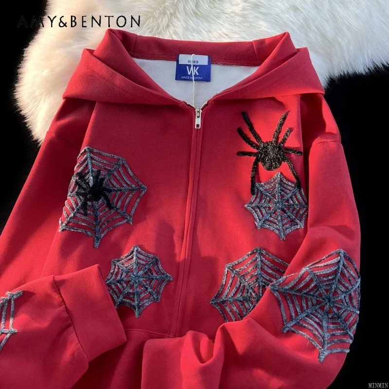 2024 American Retro Spider Web Thin Subculture Niche Fleece Hooded Cardigan Sweater Jacket For Women