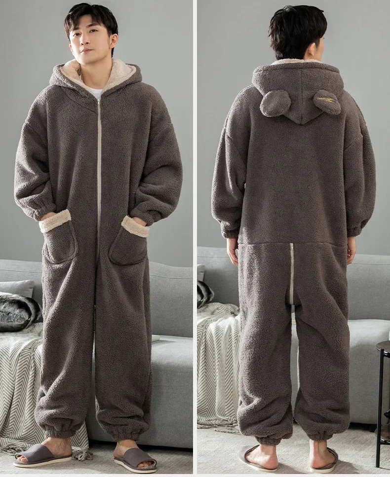 Fall and Winter One-piece Pajamas Plush Pajamas  Long Sleeve Zipper Hooded Jumpsuits Thick Home Warm One-piece Clothes for Male