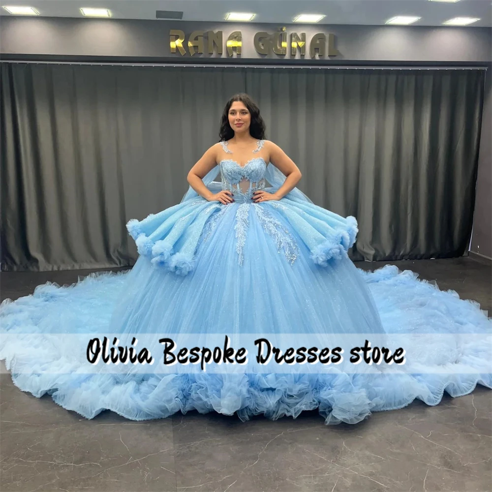 Amazing Blue Ruched Train 15 Year Quinceanera Dresses Ball Gown Ruffles Bow Beads Applique 2025 Birthday Luxury Dress Customized