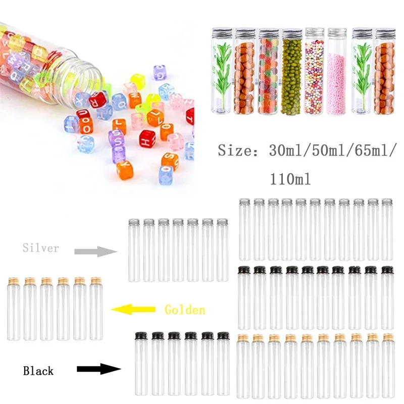 

5 шт., 30 мл-110 мл, прозрачные пластиковые бутылки для пробирок со спиральной алюминиевой крышкой, прямые контейнеры для бутылок с плоским дном для подарка на вечеринку