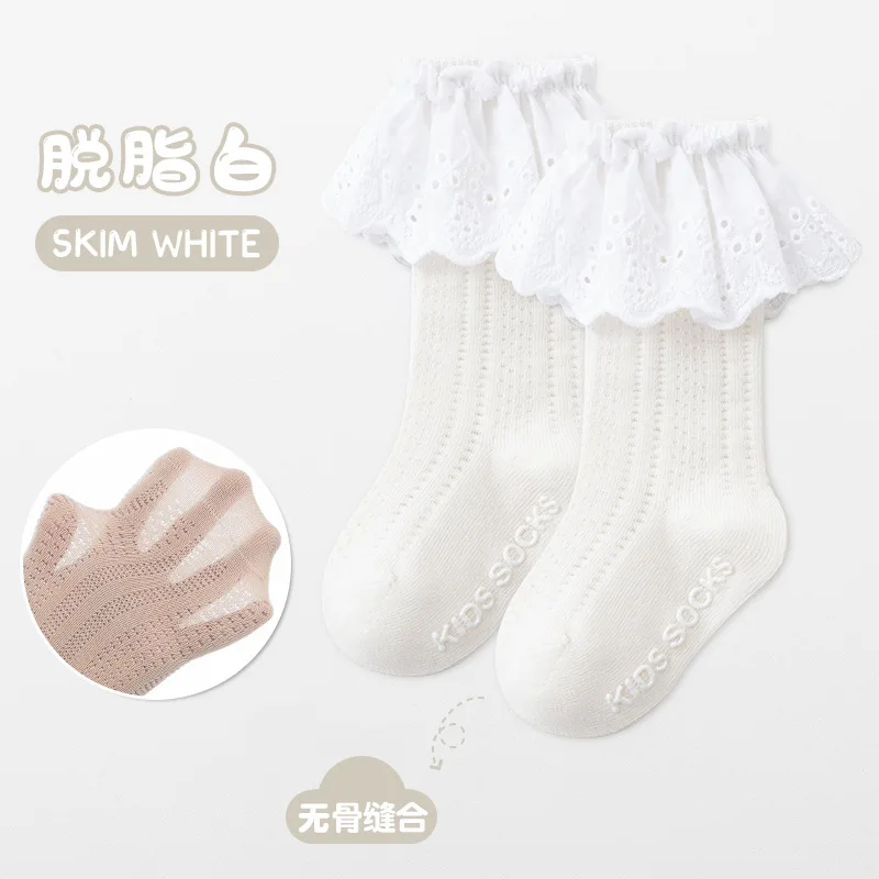 Spring/Summer Baby Girls Long Socks with Lace Thin Cotton Boneless High Barrel Princess Socks for Babies Infants Mesh Socks