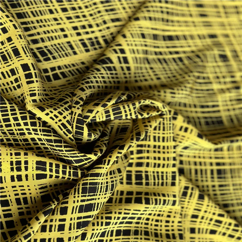 1 meter 100% Mulberry Silk 18 momme Crepe Silk Fabric Yellow Checks Printed 138cm 54