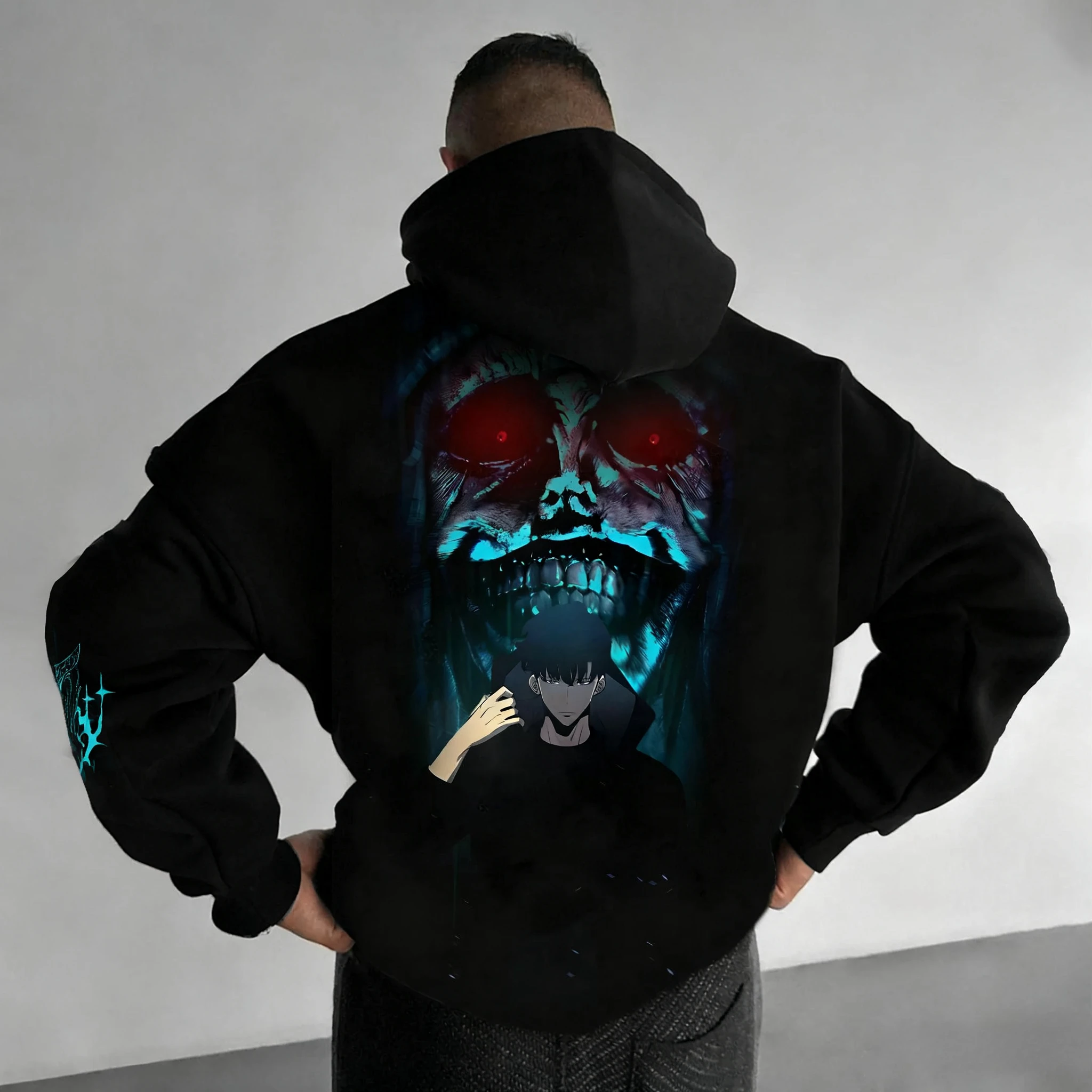 

Черная толстовка с принтом аниме Solo Leveling, осень/зима 2022, новинка Harajuku, мужской большой универсальный свободный повседневный топ для родителей и детей