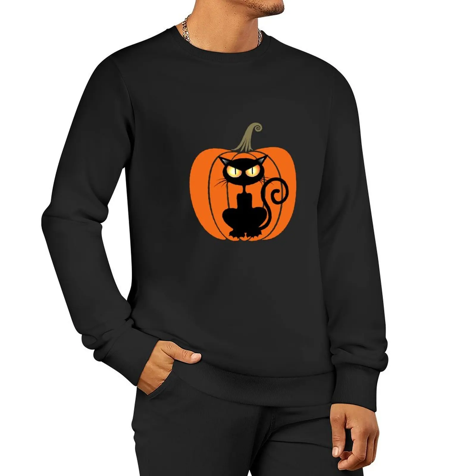

A Sinister Halloween Pumpkin and Black Cat Pullover Hoodie blouse men's clothes men's sweat-shirt sweatshirts for men