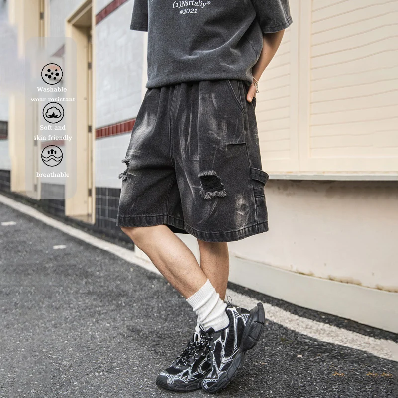 

TFETTERS Brand 2025 Pleated Scraped Color Ripped Men's Denim Shorts Vintage American Retro Streetwear Loose Fit Casual Summer