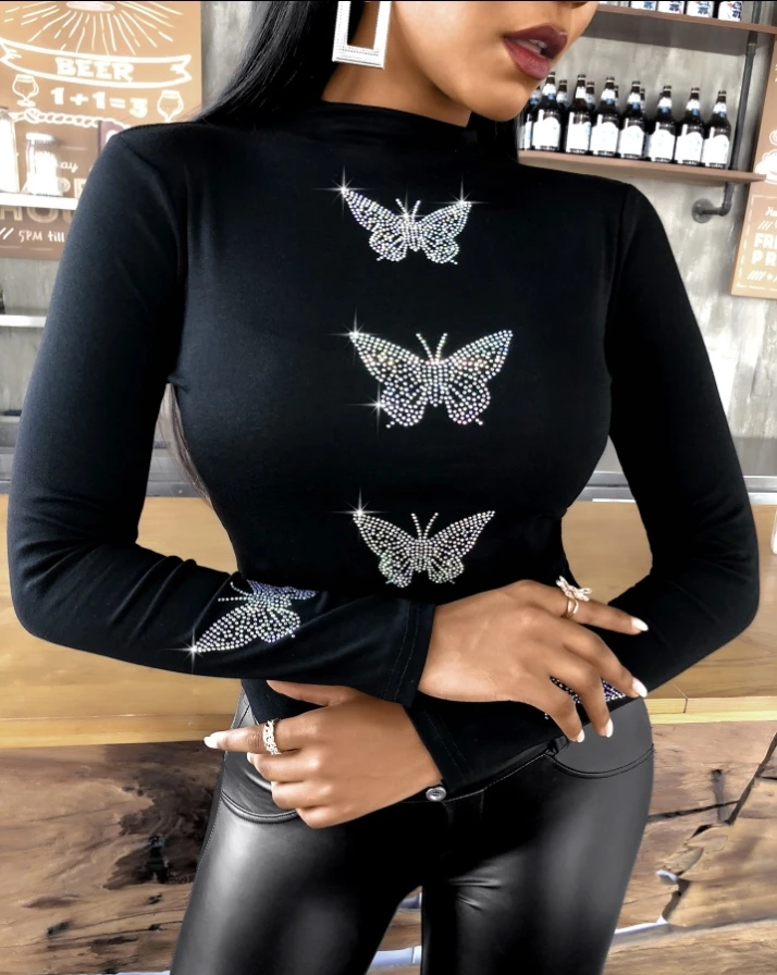 Butterfly Pattern Studded Long Sleeve Top Y2K Clothes One Piece Fashion Woman Blouses 2024 Women\'s Outfits Female Clothing Tees