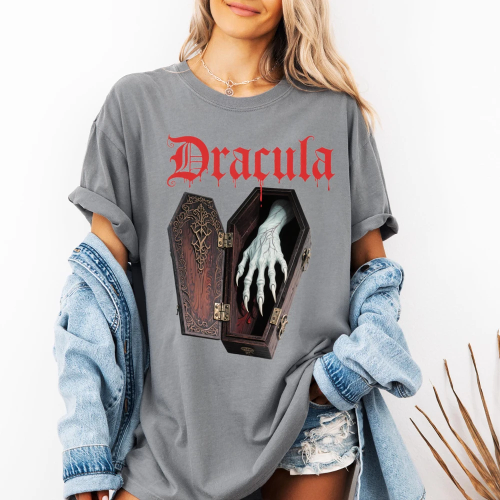 تي شيرت دراكولا لفيلم الرعب، قمصان قوطية قديمة، قمصان علوية من القطن الخالص للجنسين وملابس الشارع. ملابس نسائية تي شيرت قوطي