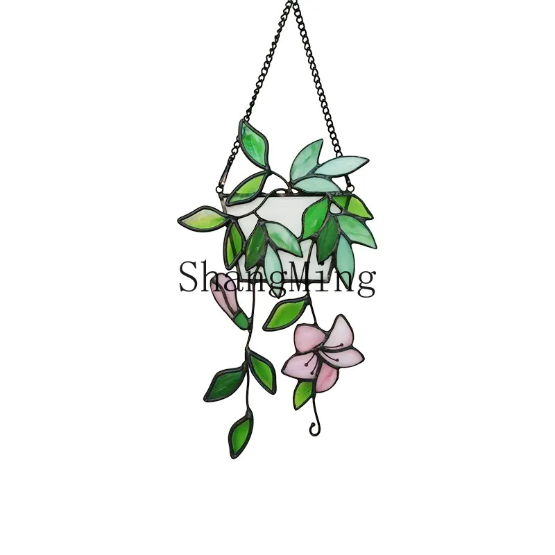 

DSA stained glass pendant pink flower green plant window glass pendant wall hanging jewelry