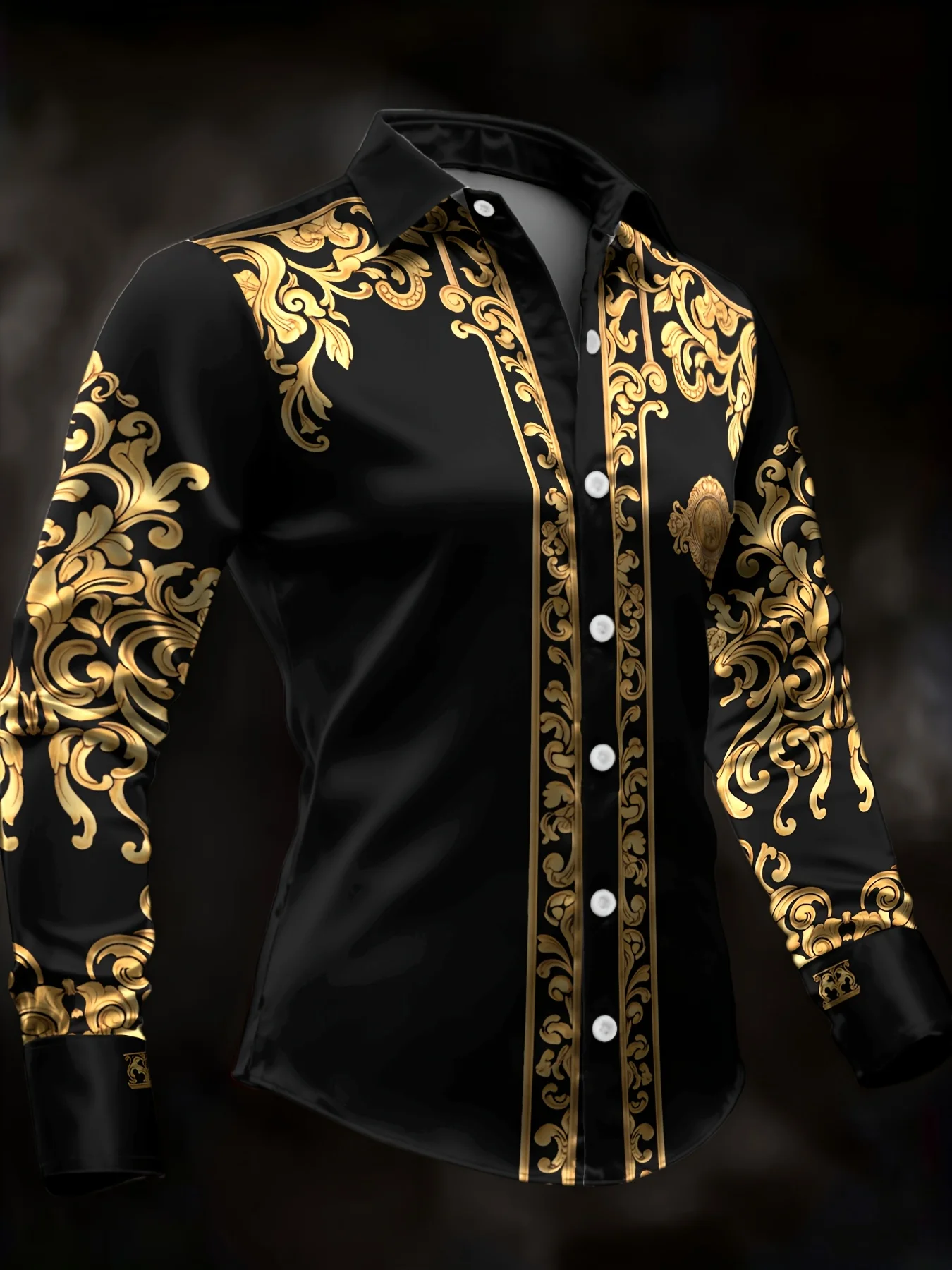 Trendy Men Button‑Up Shirt Elegant Dark‑Green Gold Baroque Vine Scroll Trim Art Print Polyester Banquet Evening
