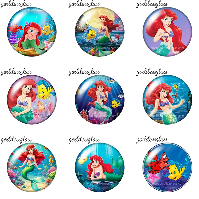 La Sirenita Ariel, Animales Marinos, 10 Piezas, Cabujones de Vidrio Redondos de 12mm/18mm/20mm con Parte Posterior Plana para Hacer Collares