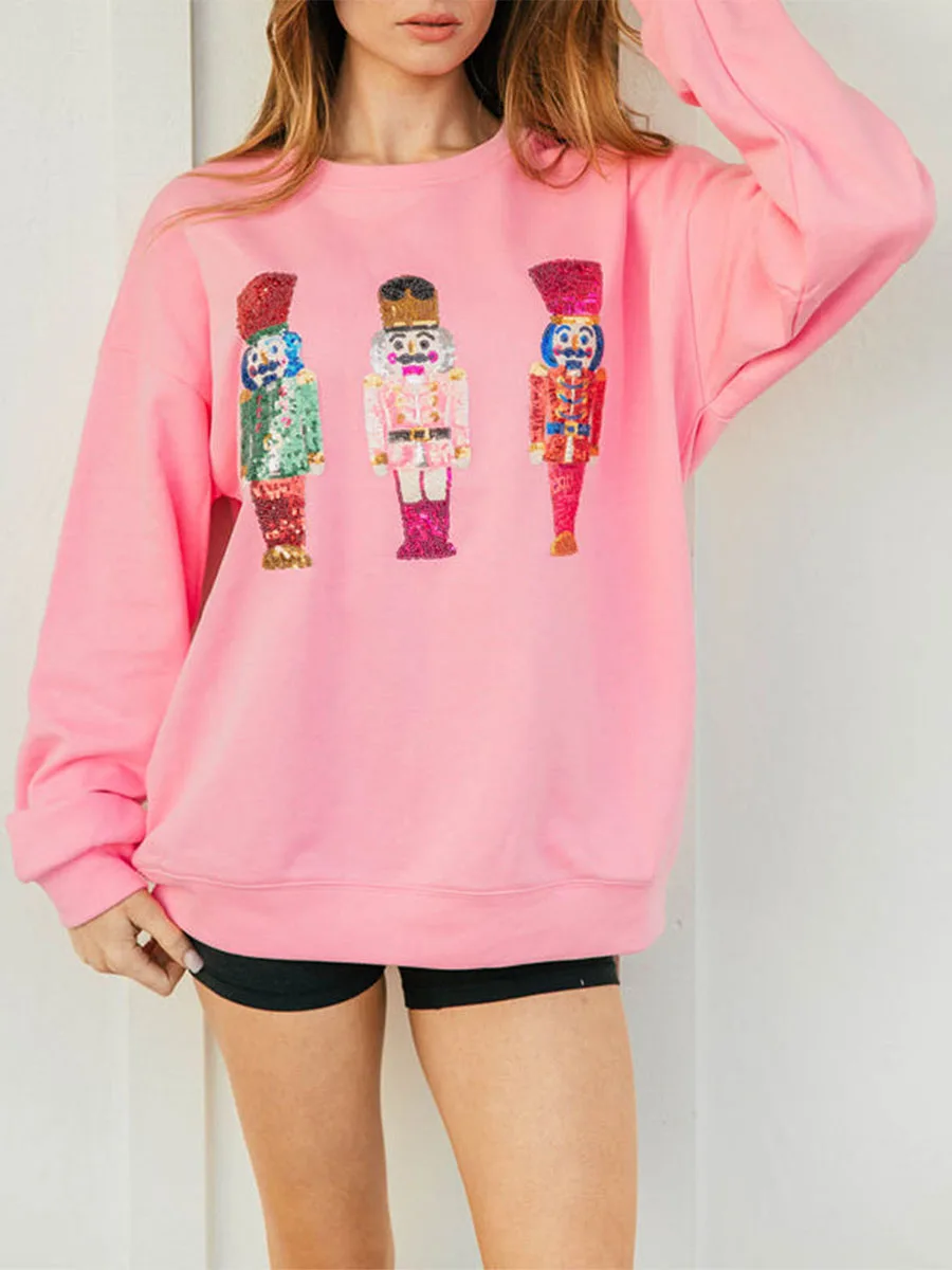 Feminino feio natal lantejoulas quebra-nozes moletom bonito feriado gráfico camiseta crewneck manga longa pulôver camisola topo
