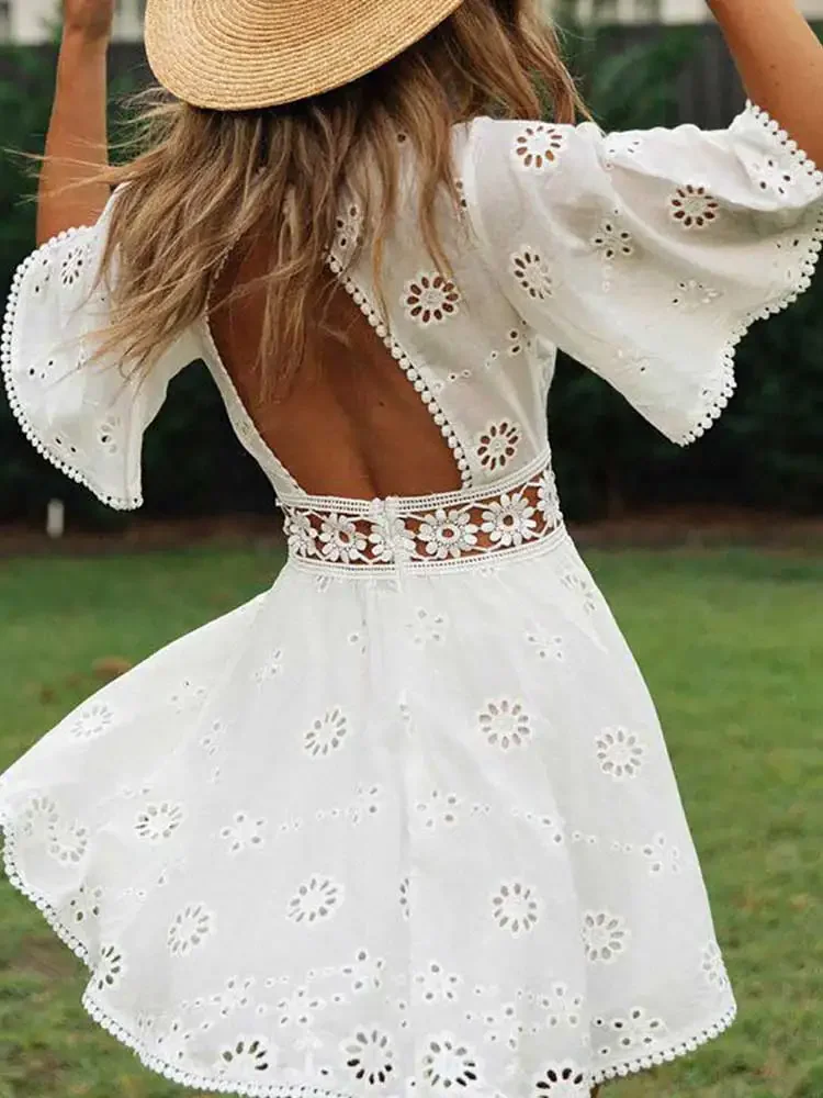 WildPinky Flare Sleeve Cotton White Lace Dress Women Casual Ladies Summer High Waist Short Dress Backless Hollow Out Vestidos