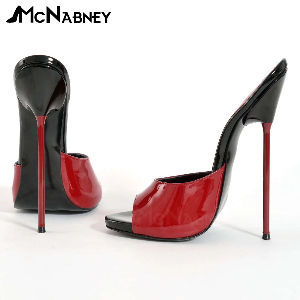 Red Needle Stiletto Mules Sexy Peep Toe Slippers Black and Red Patent Leather Summer Shoes Extremely High Heeled Stiletto Sandal