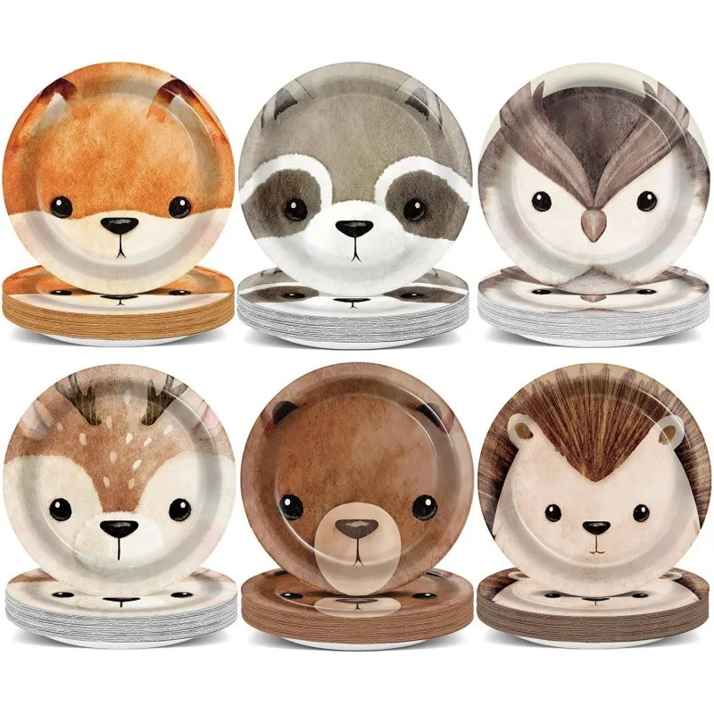Cartoon Woodland Party Einweg-Partyteller mit Waldtiermotiv, kleiner Fuchs, Waschbär, Igel, Babyparty, Partyzubehör – Detail 1