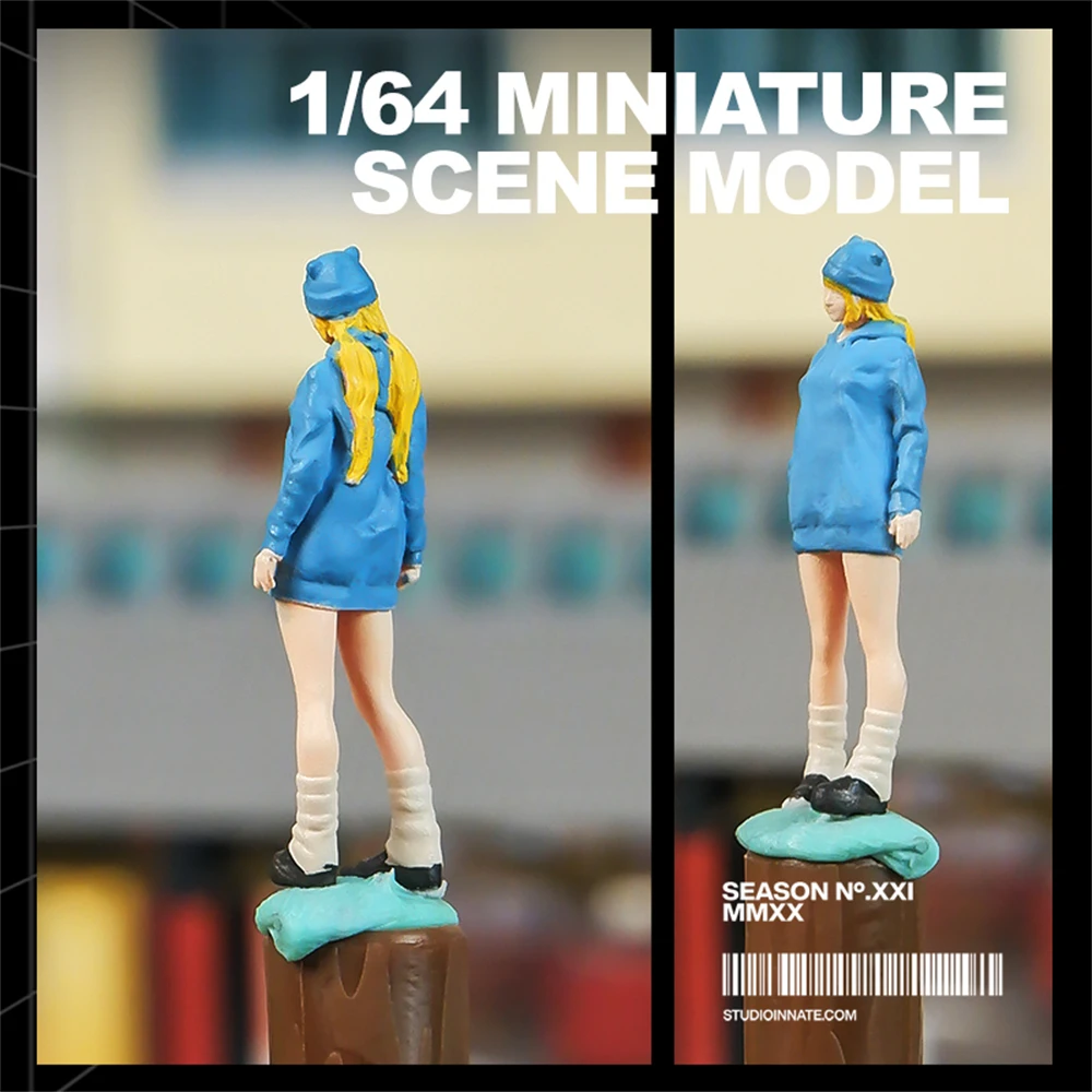 Kicarmod 1/64 Scale Model Figurine of the Girl has Two Ponytails Wearing Blue Coat and Blue hat in Scale Diecast Miniature model