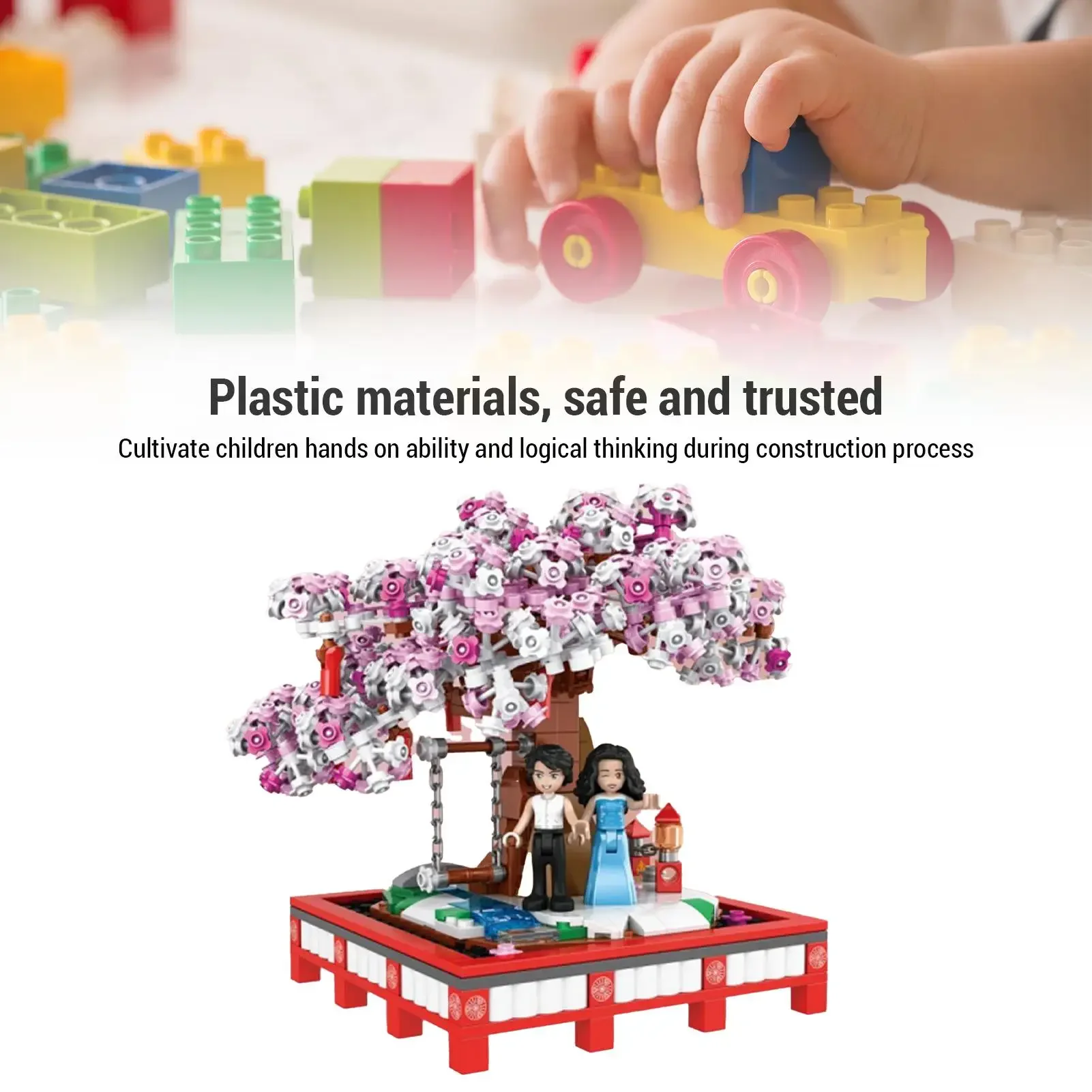 مجموعة بناء بونساي بزهر الكرز الجذعية، مجموعة طوب شجرة الزهور مع أرجوحة دوارة، ألعاب البناء التعليمية