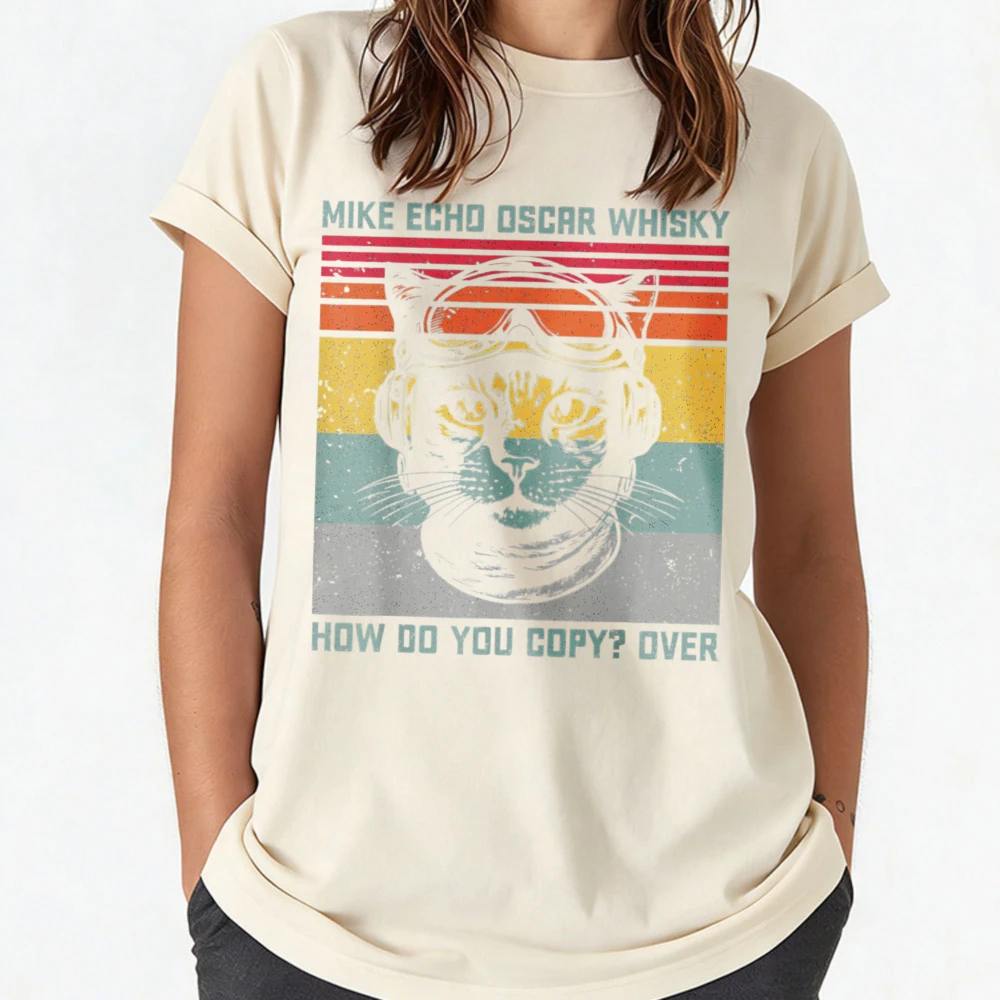 Cat Pilot Mike Echo Oscar Whisky How Do You Copy T-Shirt Men Clothing Graphic T Shirts Vintage T Shirt Harajuku Streetwear Tees