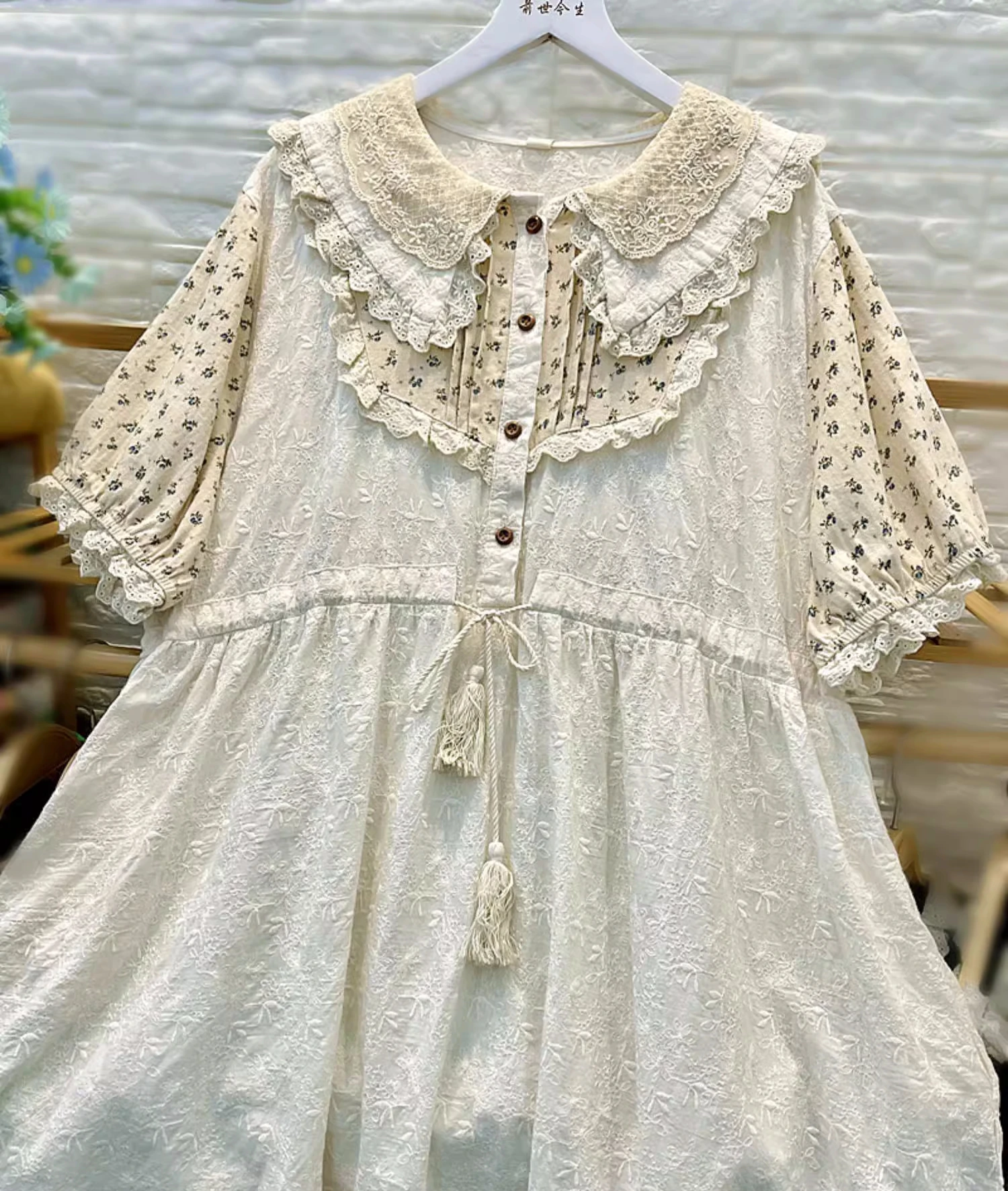 Women Cottagecore Patchwork Cotton Lace Embroidery Midi Dress 2025 Vintage Retro Shabby Chic Rococo Lolita Mori Girl Long Dress