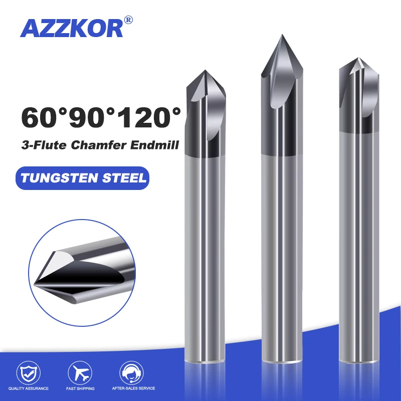 AZZKOR 60/90/120 Straight Slot Coating Chamfering Two Edge 3-Flute Milling Cutter Stainless Steel Special Chamfering Cutter Tool