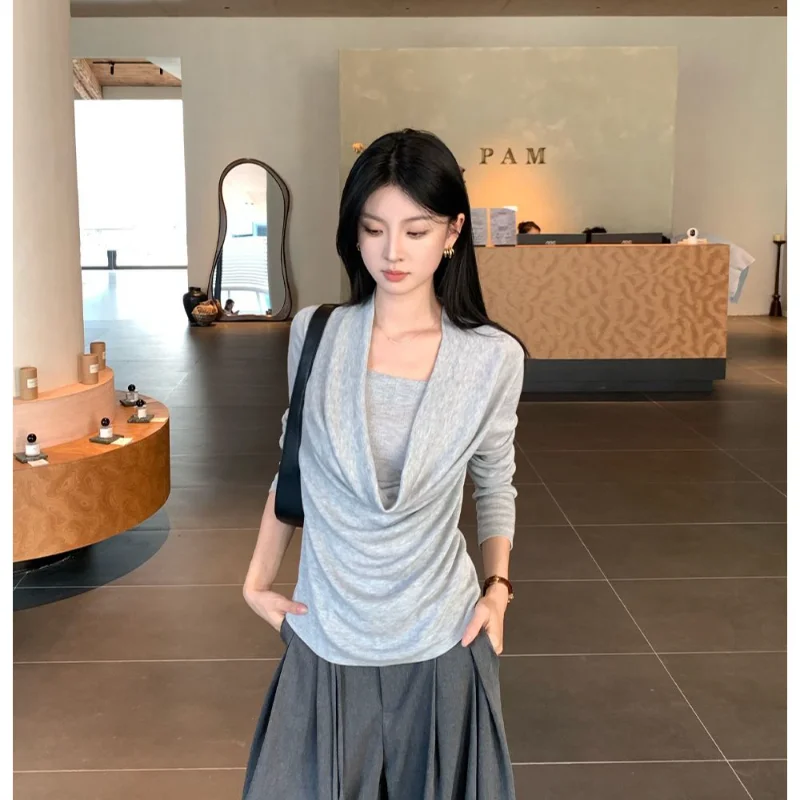 

Осень 2023, однотонная новая футболка с распашным воротником, женская дизайнерская футболка с длинными рукавами, искусственный облегающий топ из двух частей