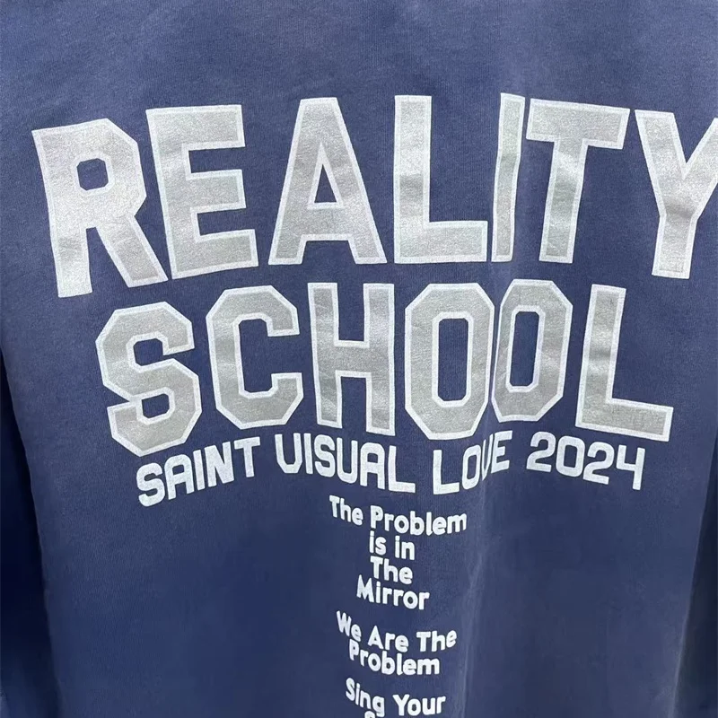 26SS High Street Vintage Washed Blue Saint Distressed T-Shirt Letter Print Men Women Oversized Cotton Premium Quality Tops