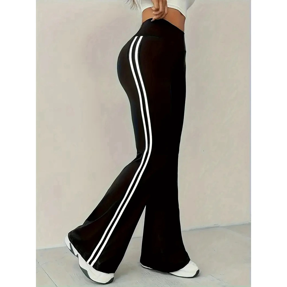 Women's Double Side Striped Black High Waist Flared Sports Pants Autumn Casual High Waist Sweatpants Streetwear