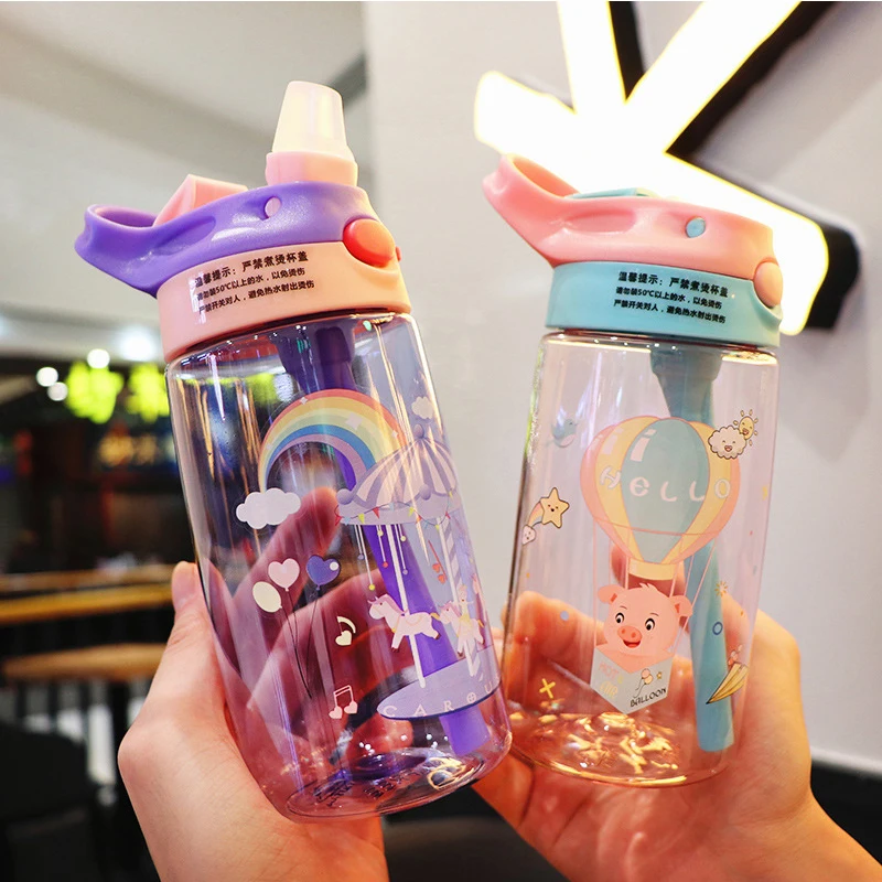 480ML Kids Plastic Water Cup Child Water Sippy Cup Cartoon Baby Feeding Cup With Straws Leakproof Water Bottles Outdoor Portable