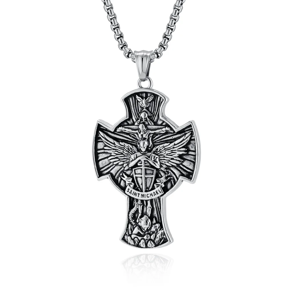 1Pc Gothic Archangel Michael Statue, Cross Statue Wall Hanging Statue, Stainless Steel Neckalce Jewelry