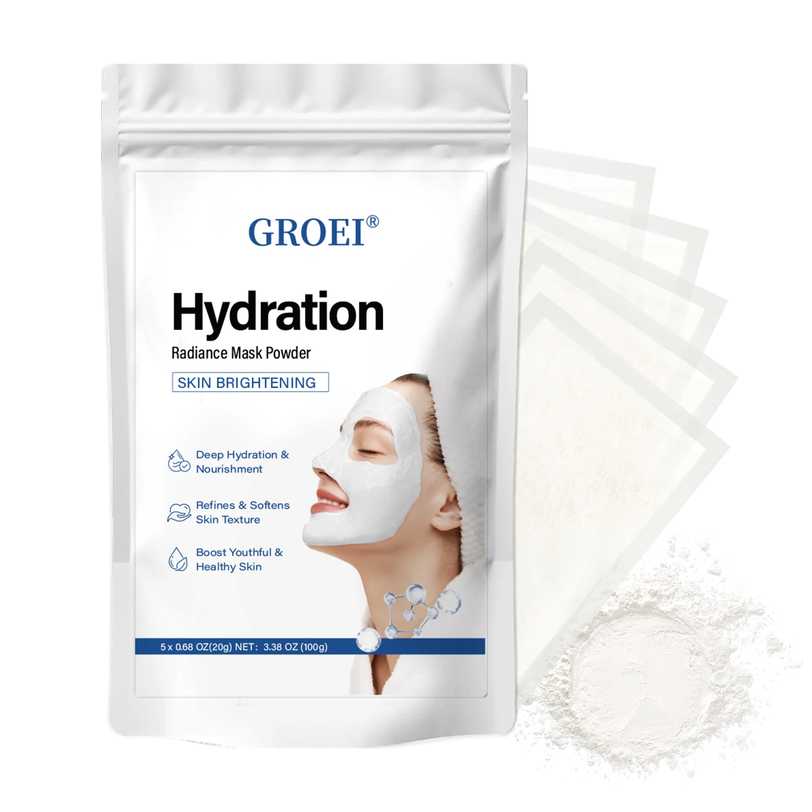 GROEI-mascarilla en polvo de ácido hialurónico con espátula, incluso el tono de la piel, aumenta la elasticidad Facial, tratamiento Facial iluminador e hidratante