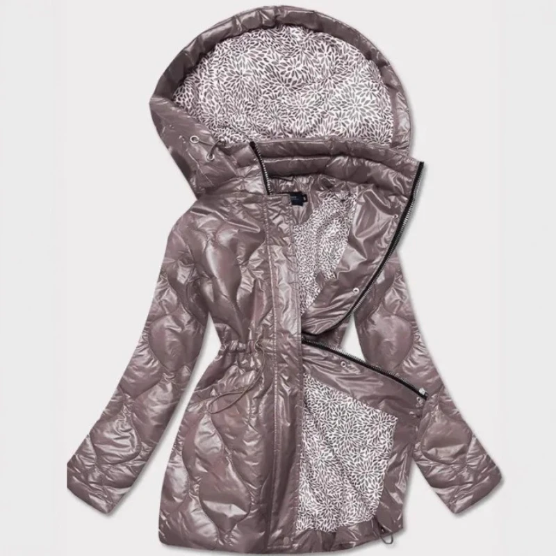 

Autumn and Winter Drawstring Quilted Hooded Leopard Print Women's Warm Down Cotton Jacket
