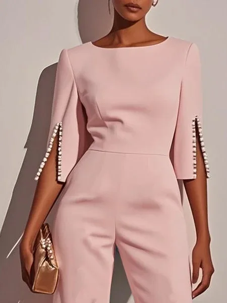 2025 Women's Jumpsuits Beaded Decorative Slim Trousers Three-quarter Sleeves Office Evening Pink Fashion Business Playsuit