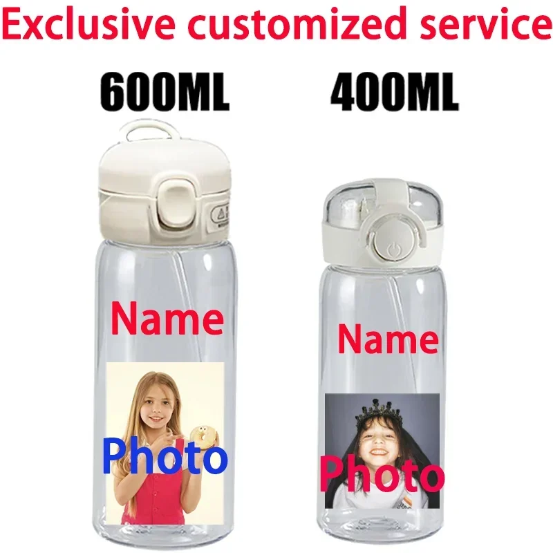 Pajita de plástico transparente con impresión de taza de agua personalizada, botella de agua potable portátil deportiva con foto de nombre Personal para niños, 400/600ml