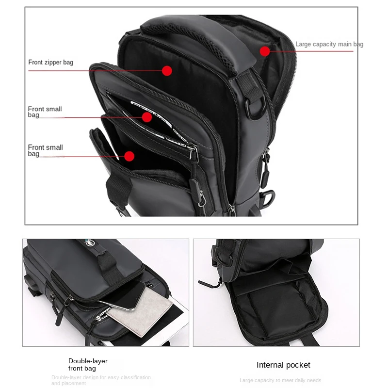 Tas selempang Pria Multifungsi, tas bahu kasual tahan air, tas kurir multifungsi dengan pengisi daya USB, tas selempang pria, tas dada perjalanan kanvas nilon