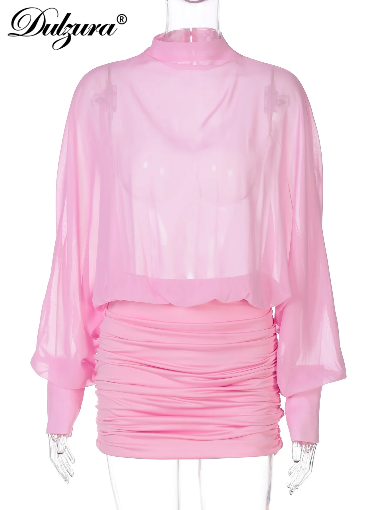 Dulzura 2025 moda de otoño Sexy cuello redondo manga larga fruncido ajustado transparente de una sola botonadura de gasa Mini vestido de fiesta Club traje