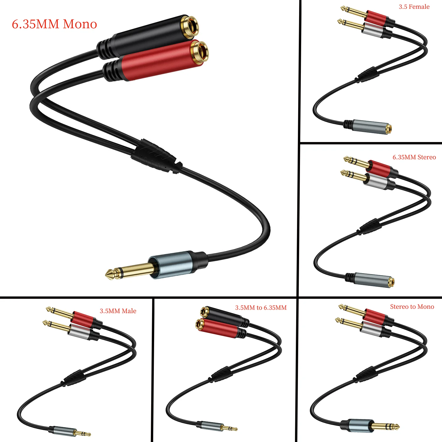 6.35mm 1/4 Inch TS Mono Y Splitter Cable Gold-Plated TS Male to Dual 6.35 mm TS Mono Female Jack Audio Cable for HiFi System