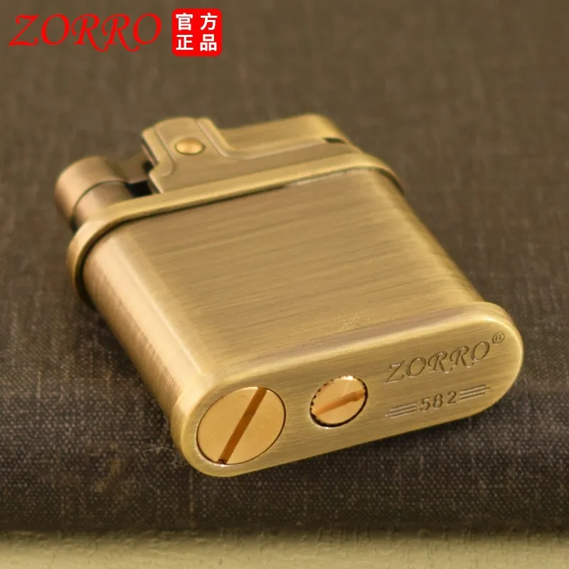 ZORRO 582 Brushed Brass Fuel Lighter, Creative Push-Button Ignition, Vintage Style, High-End Collectible, Men's Gift