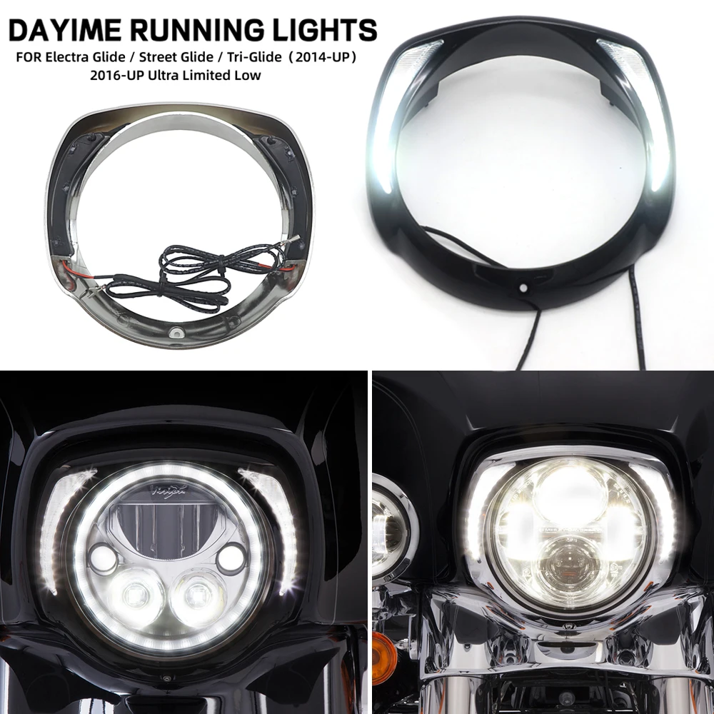 For Touring Tri Road King Street Electra Glide Low FLHTCU Ultra Limited Daytime Running LED Headlight Bezel Light Motorcycle