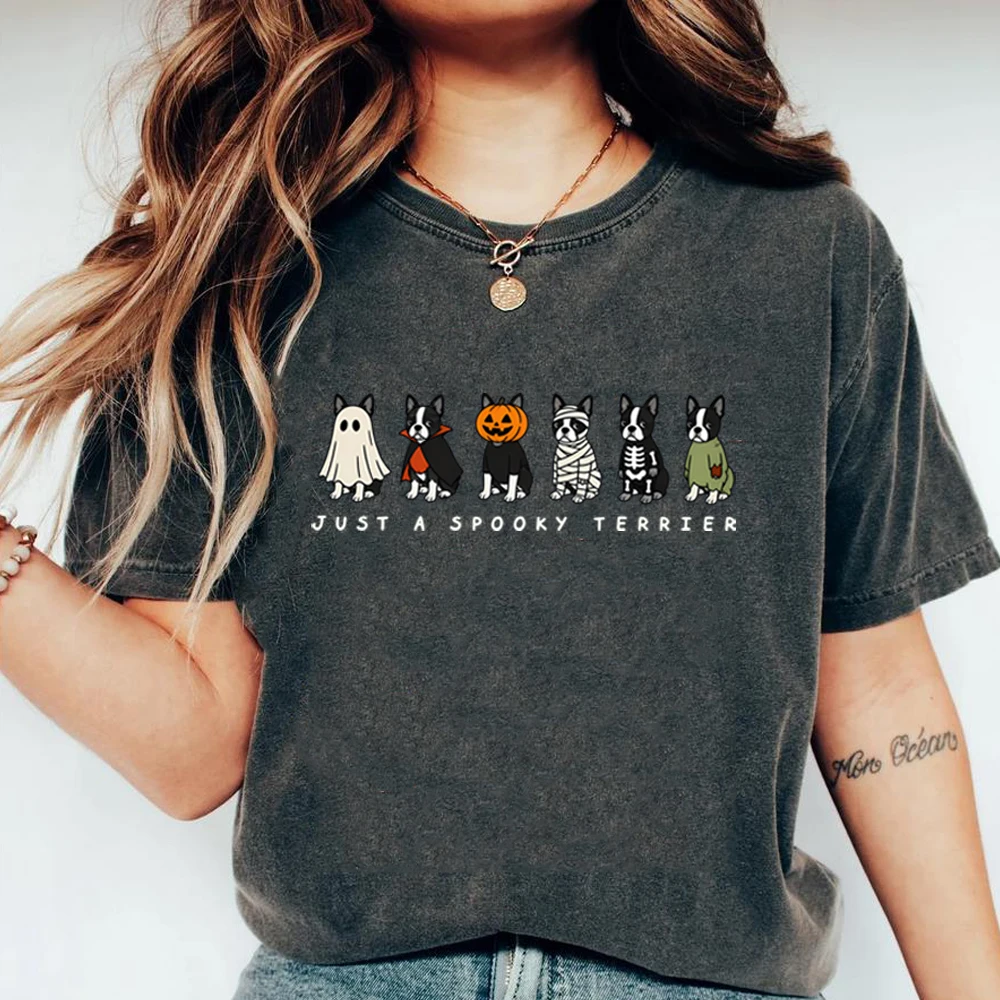 Comfort Spooky Boston Terrier Halloween Costume Shirt Cute Dog Lover Fall Graphic Tee Funny Pet Owner Gift Festive Animal Tshirt