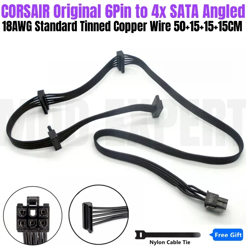 

Original CORSAIR 6Pin to 4 SATA Angled SSD HDD Hard Driver Power Cable 18AWG for CX430 CX450 CX500 CX600 CX650 CX750 Modular PSU