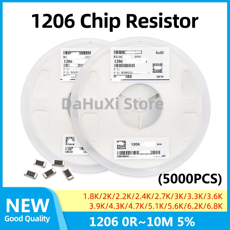 

5000PCS 1206 5% 1.8K 2K 2.2K 2.4K 2.7K 3K 3.3K 3.6K 3.9K 4.3K 4.7K 5.1K 5.6K 6.2K 6.8K 0R~10M ohm 1/4W Chip Fixed Resistor