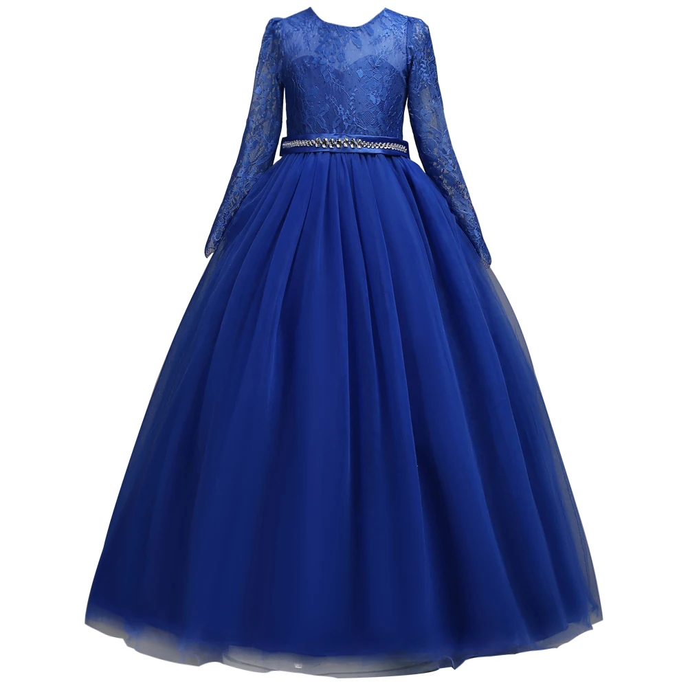 Blue European and American best-selling children\'s bridesmaid dress lace long sleeved large skirt, flower girl princess dress