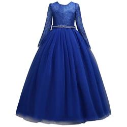 Blue European and American best-selling children's bridesmaid dress lace long sleeved large skirt, flower girl princess dress